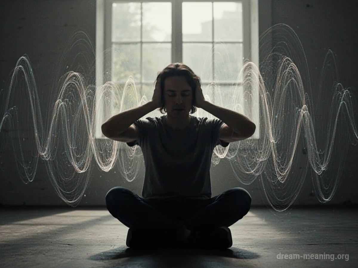 Silhouette of a person covering their ears amidst chaotic sound waves.