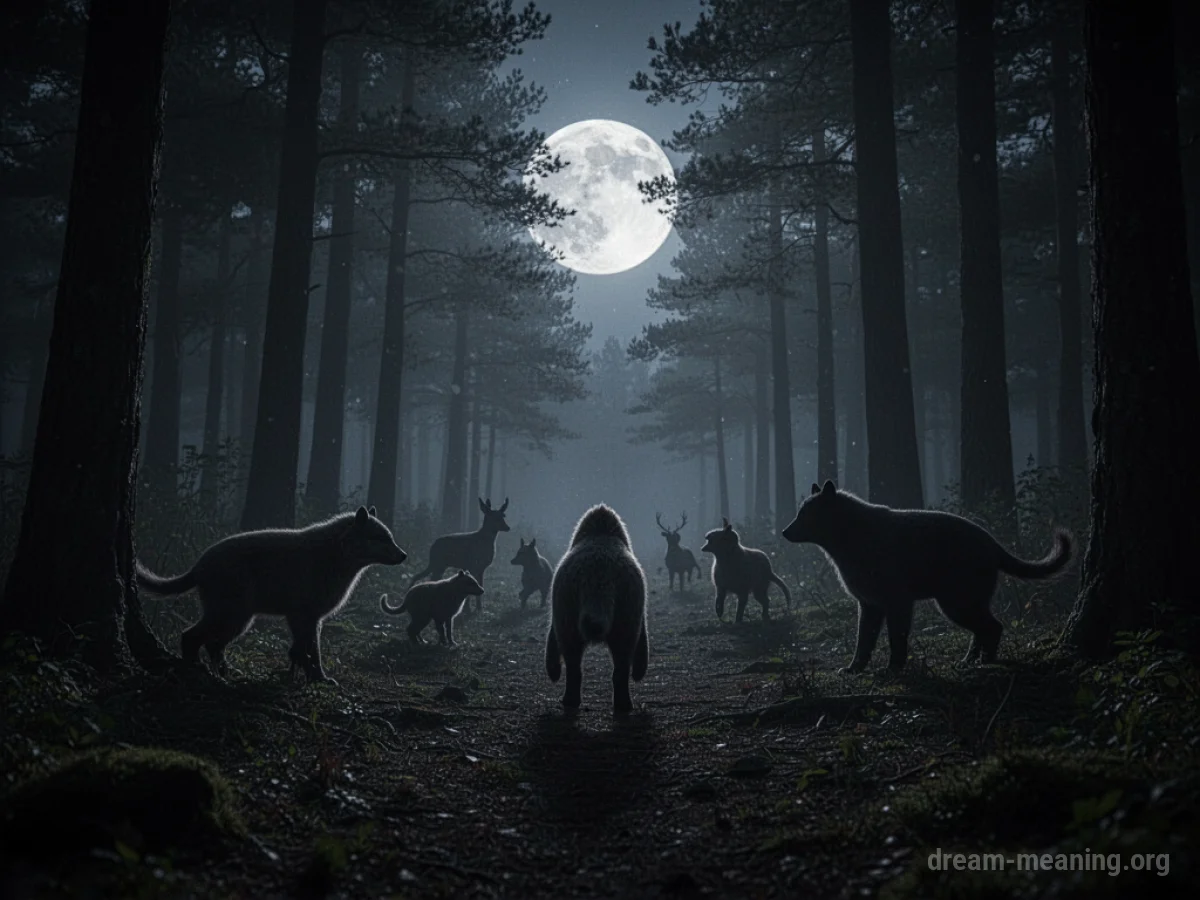 Silhouettes of shadowy figures in a dark, moonlit forest.