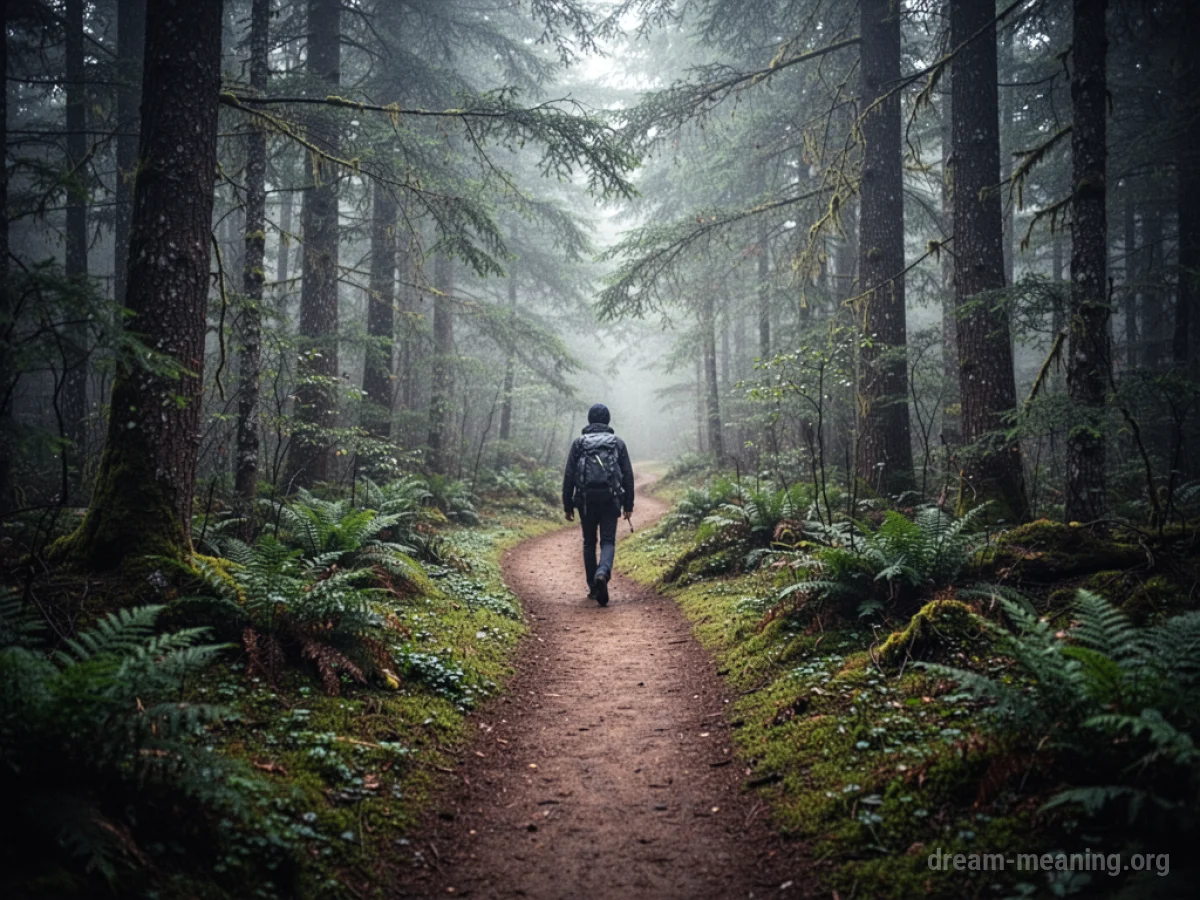 A person walks on a narrow, winding dirt path through a forest.