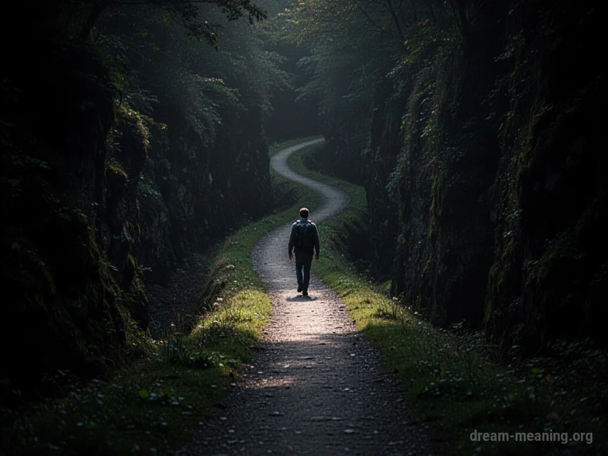 A silhouetted figure on a dark, narrow path leading into darkness.