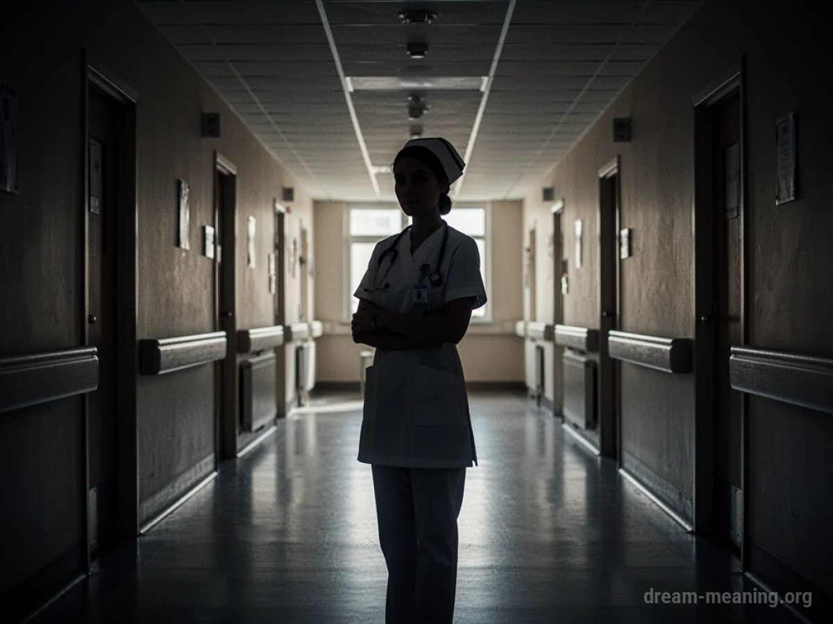Silhouette of a nurse in a dark hospital hallway.