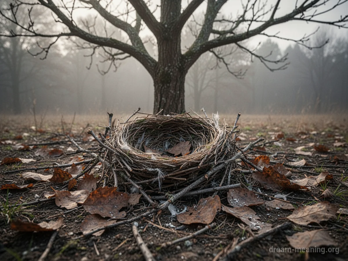 A broken bird's nest lying on the ground.