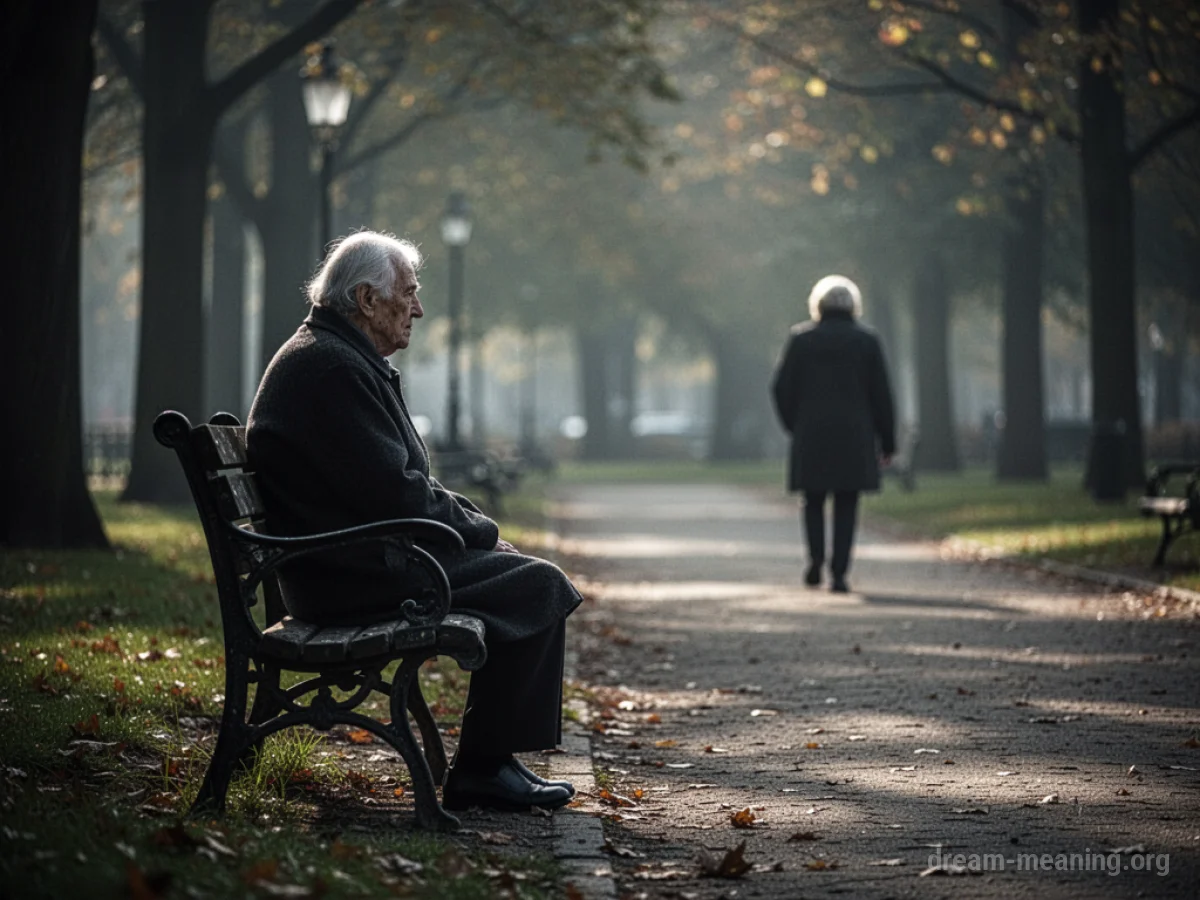 Silhouette of an elderly person sitting alone on a park bench, with a distant figure walking away.