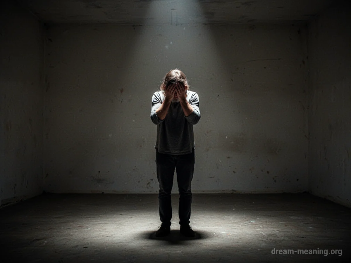 A person covering their face with their hands in a spotlight.