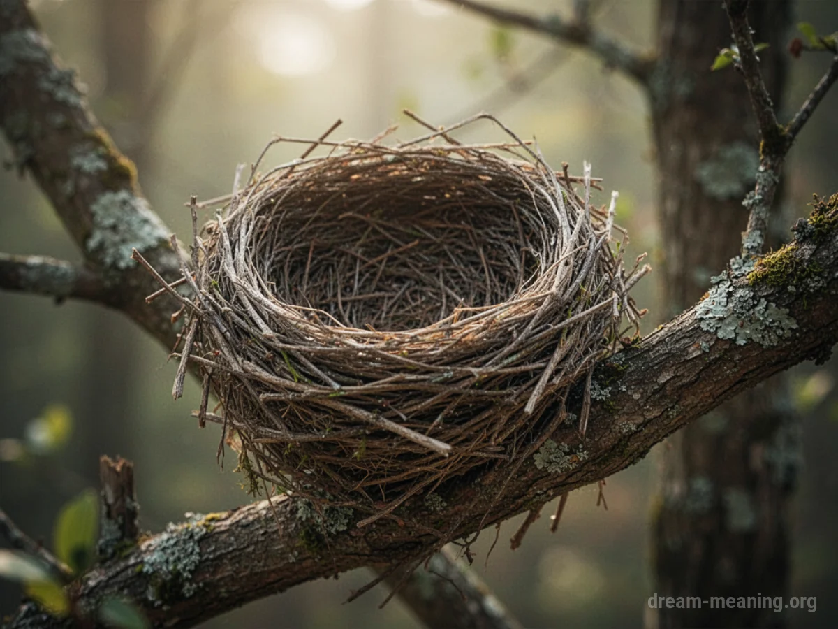 An empty bird nest on a branch.