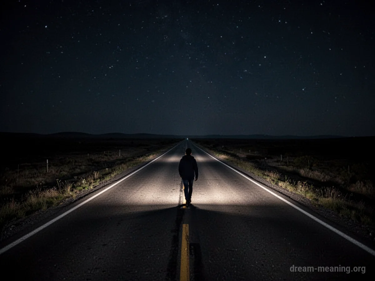 A silhouette of a person on a long, dark road disappearing into the distance under a starry night sky.