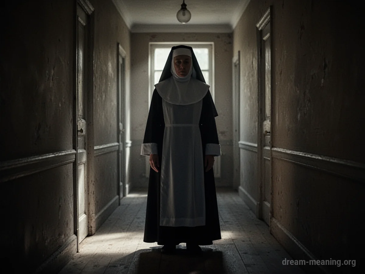 A shadowy silhouette of a nun in a dark hallway.