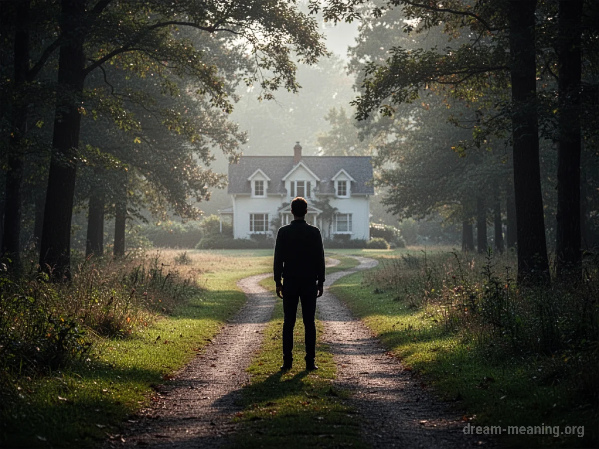 A distant house with a path leading away from it.