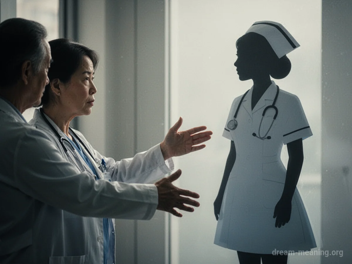 A hand reaching towards a nurse figure in soft focus.