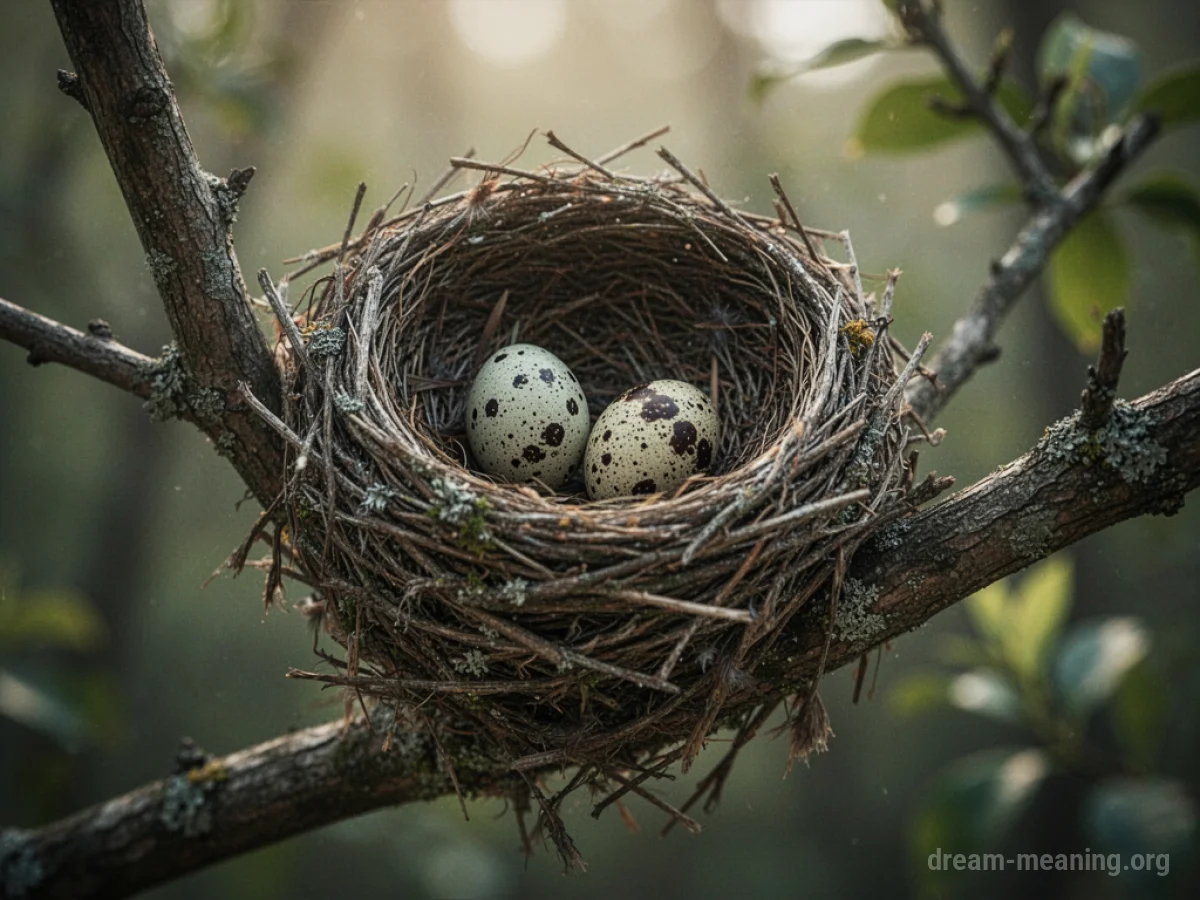 A bird's nest tilting on a tree branch.