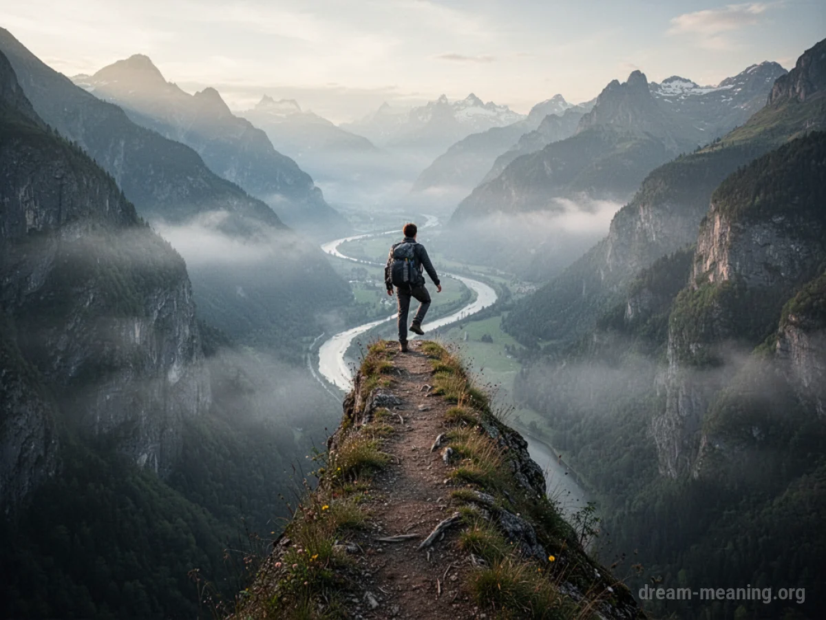 A person losing balance on a steep, narrow trail.