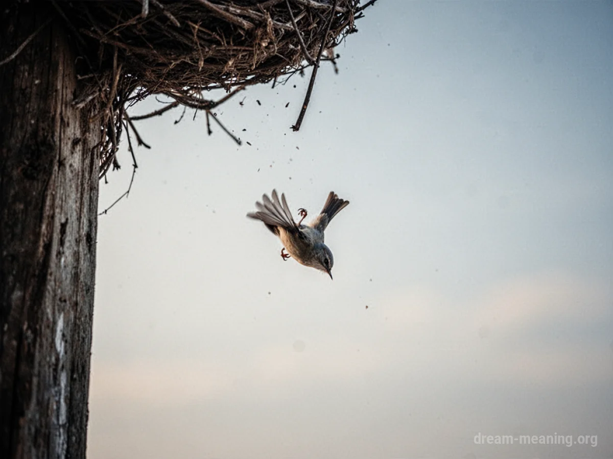 A silhouette of a bird falling from a high nest into empty space.