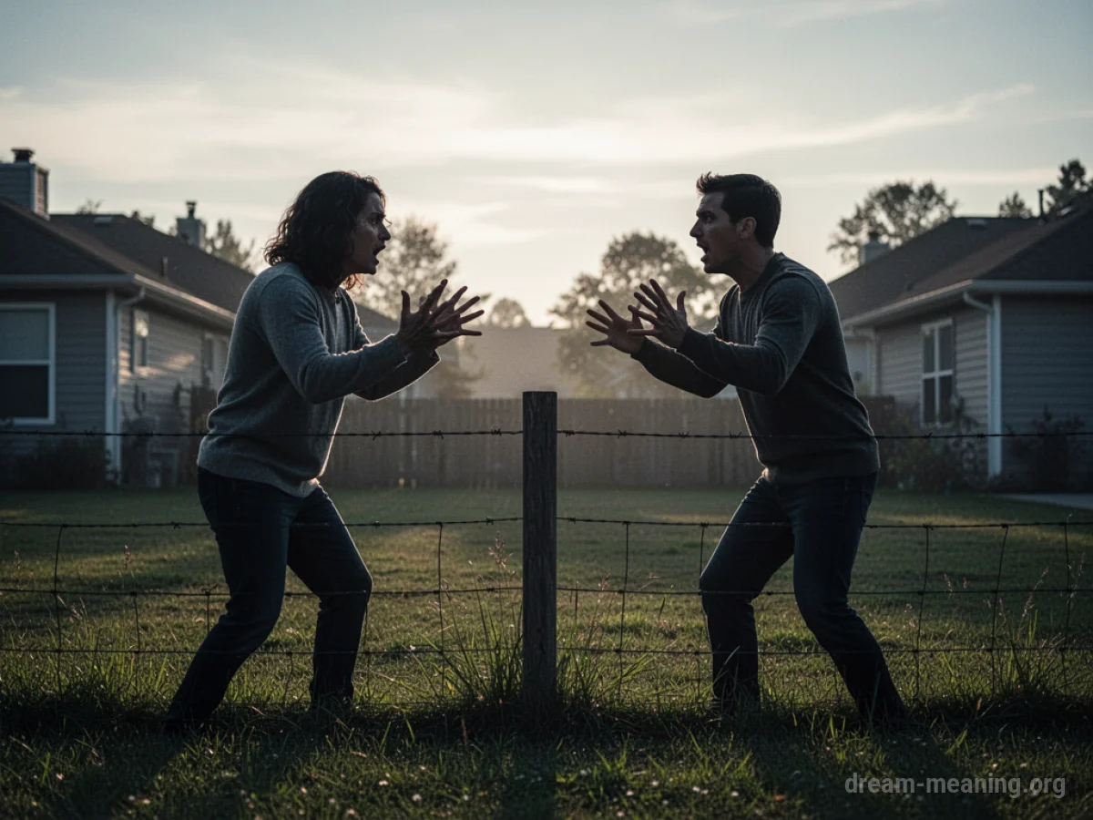 Two silhouetted figures arguing across a fence.