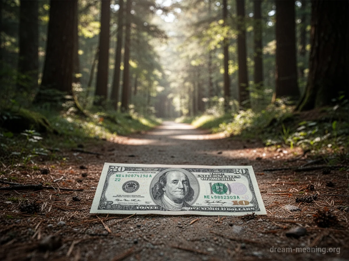 A banknote lying on a forest path.