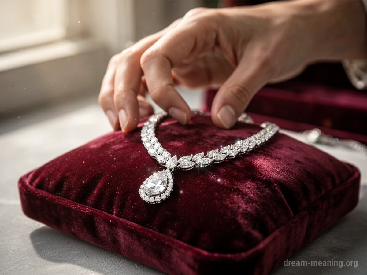 A hand reaching towards a diamond necklace on a dark blue velvet cushion.