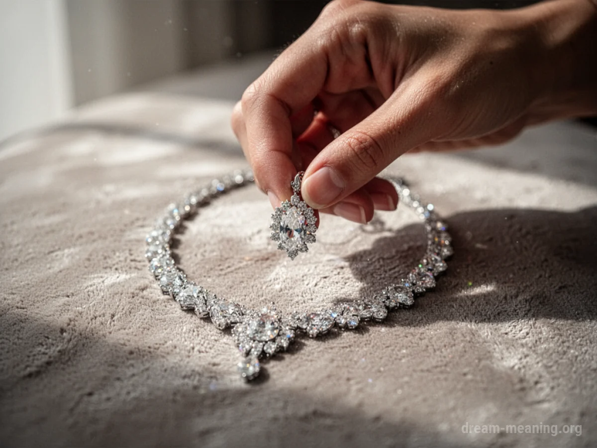 A hand reaching for a necklace lying on a surface.
