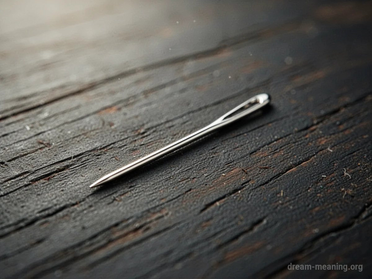 A sewing needle resting on a dark, textured surface.