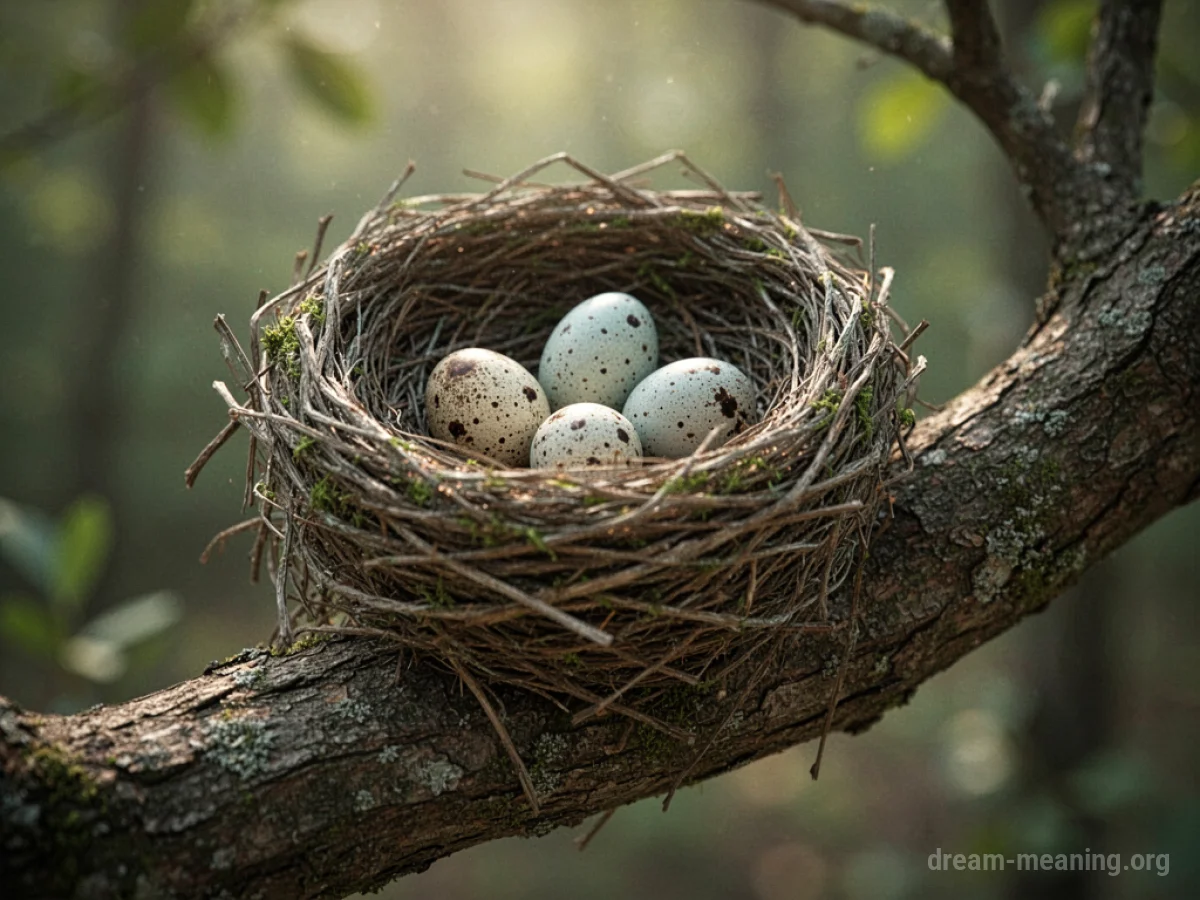 A bird's nest with eggs on a tree branch.