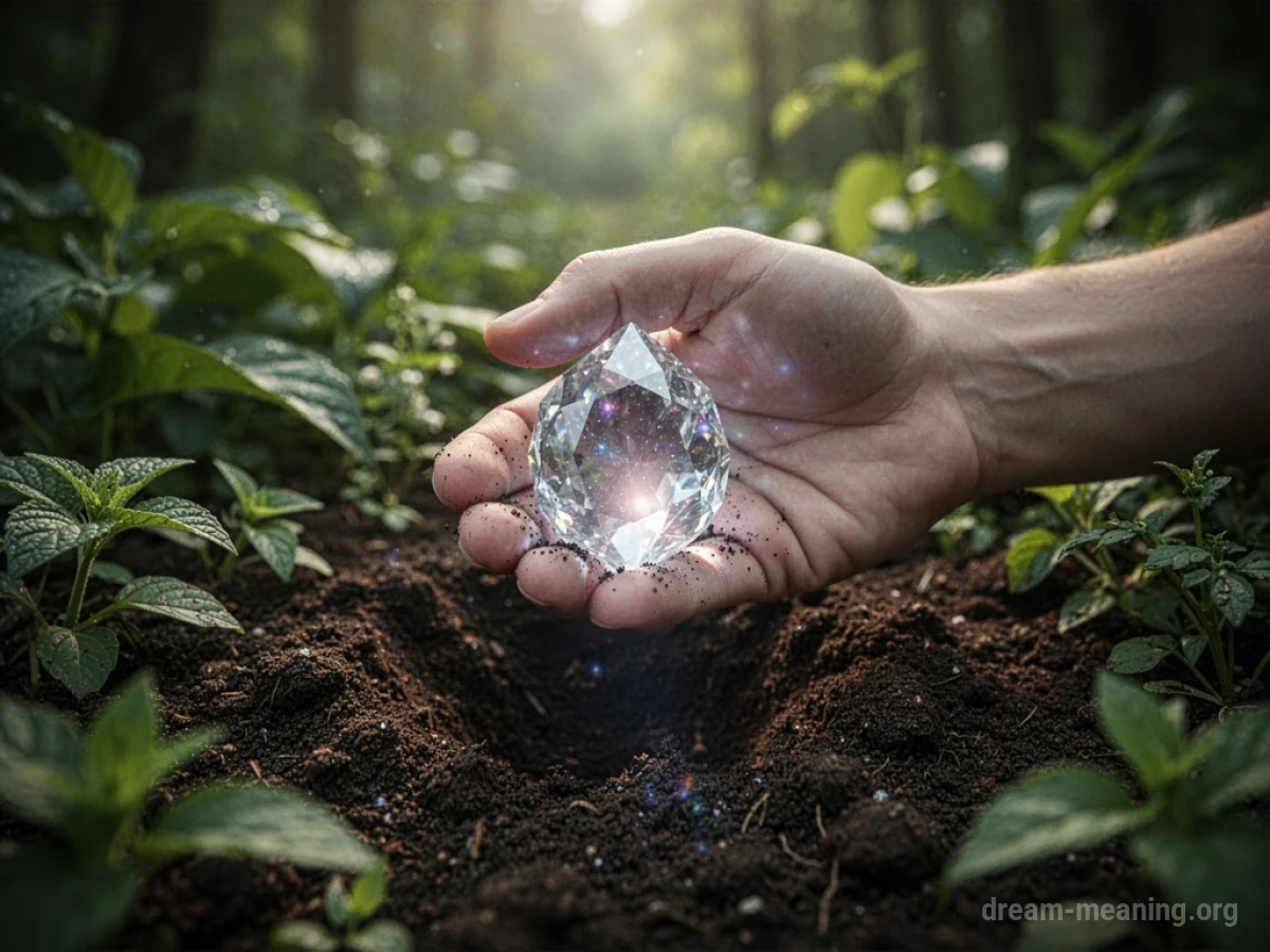 A hand holds a bright jewel unearthed from the earth, with plants in the background.