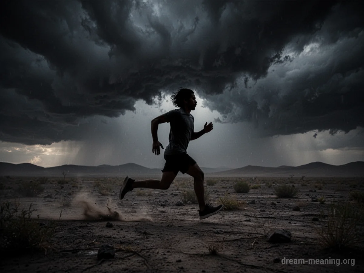 Silhouette of a person running from a dark, stormy sky.