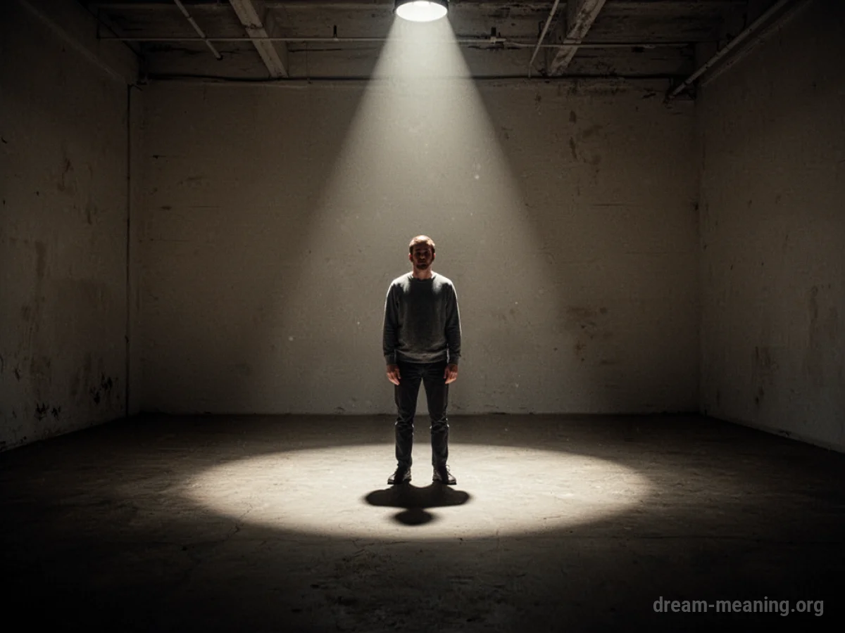 A lone figure illuminated by a spotlight in a dark, empty room.