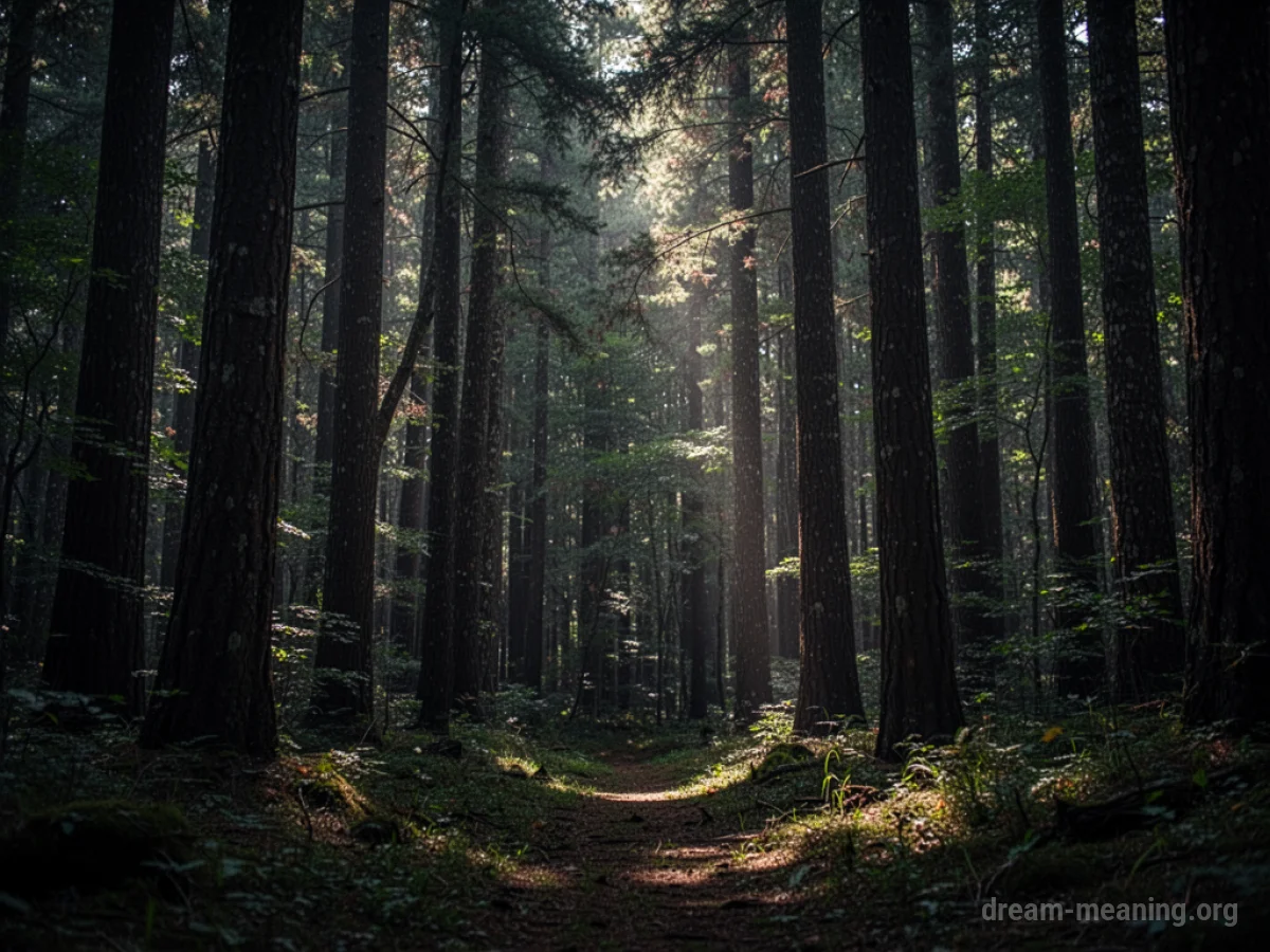A dark, dense forest with tall trees and shadows.
