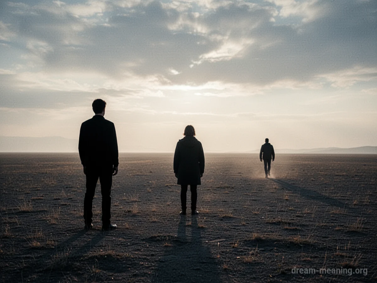 Silhouette of one person walking away from another on a desolate plain.