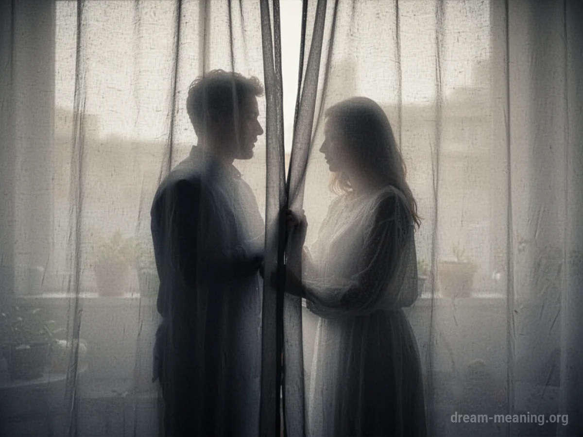 Two silhouetted figures, one partially hidden by a sheer curtain.