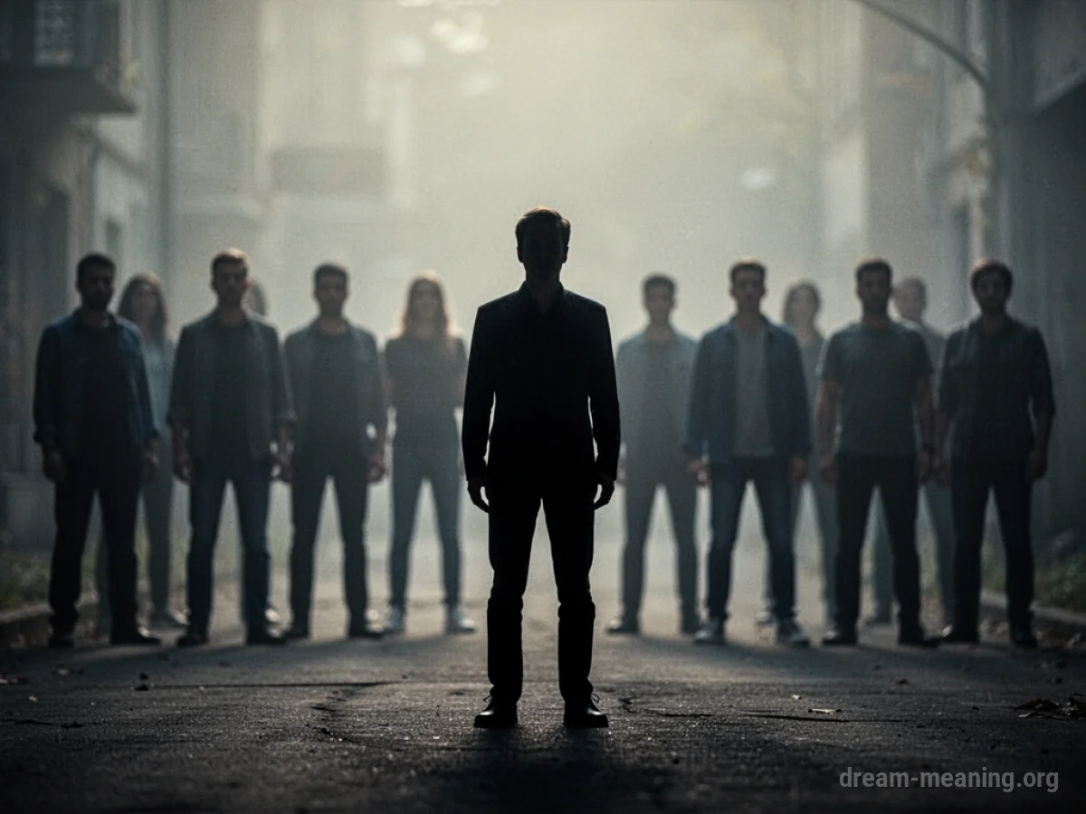 A lone silhouette figure facing away from a group of blurred silhouettes.