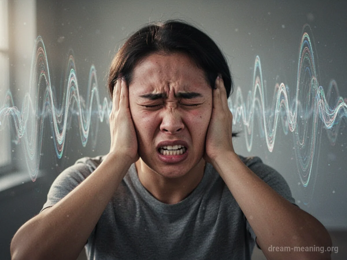 Person covering ears with sound waves in background