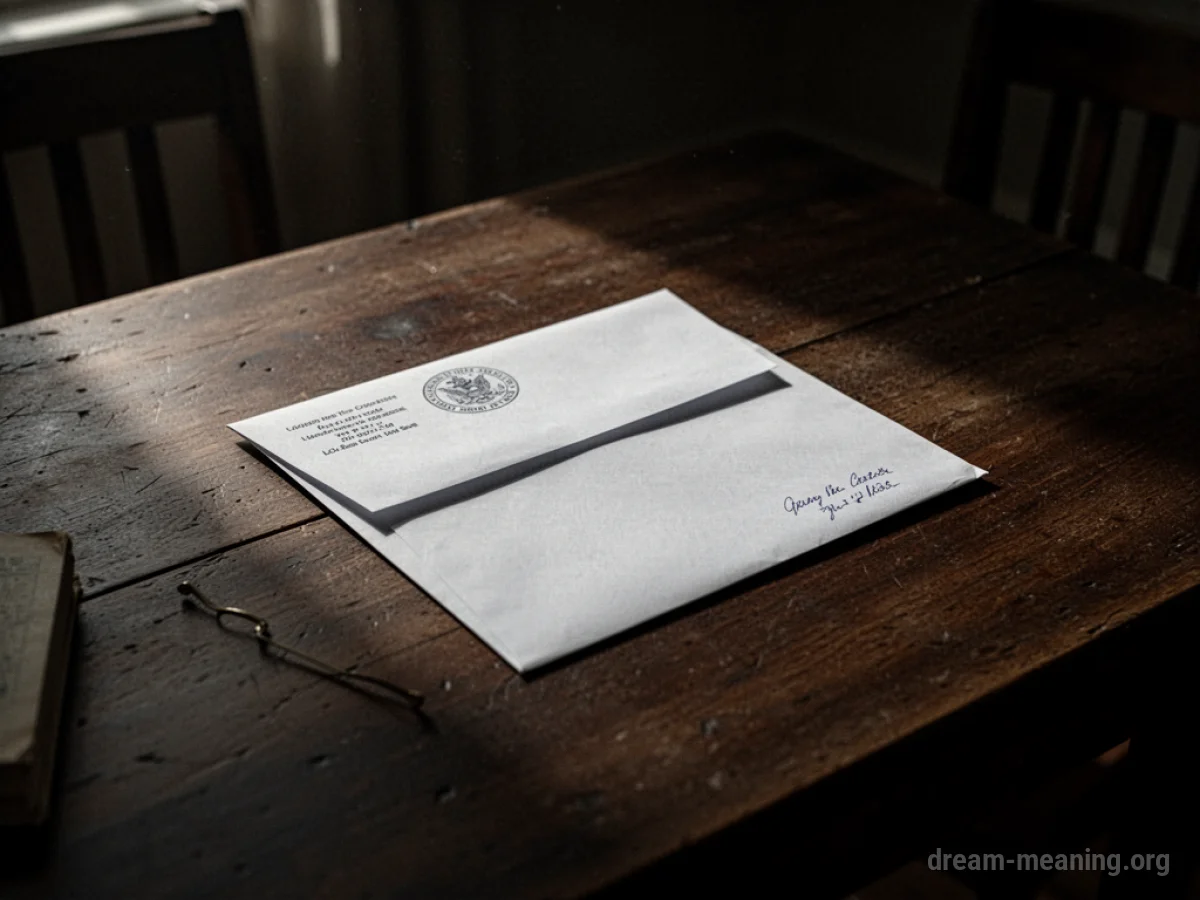 A sealed envelope rests on a dark table in a shadowed room.