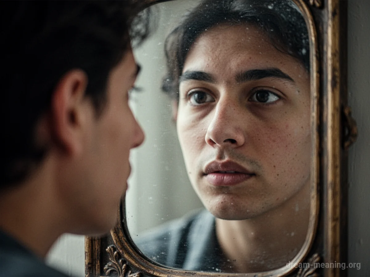 A person examines their face in a mirror, with a gentle focus on the nose.