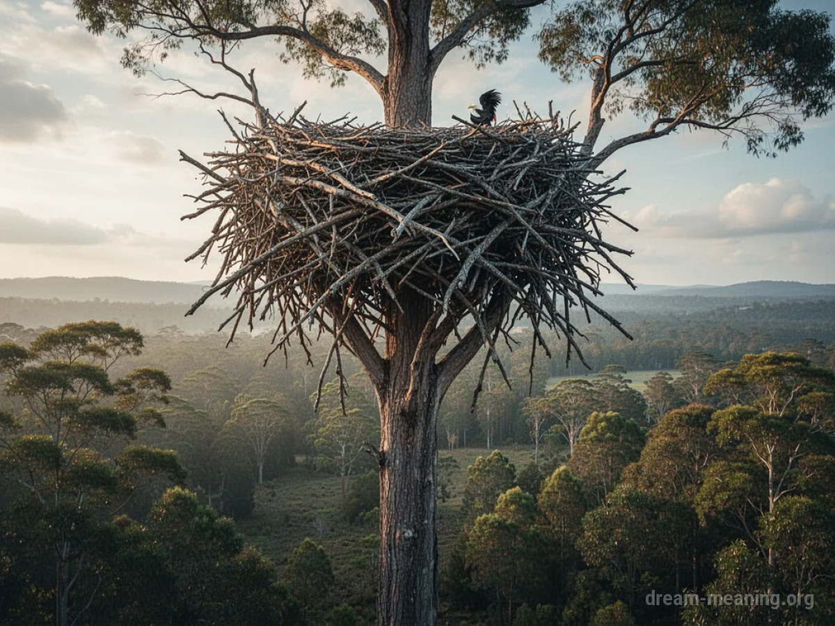 A very large nest perched atop a tall tree.
