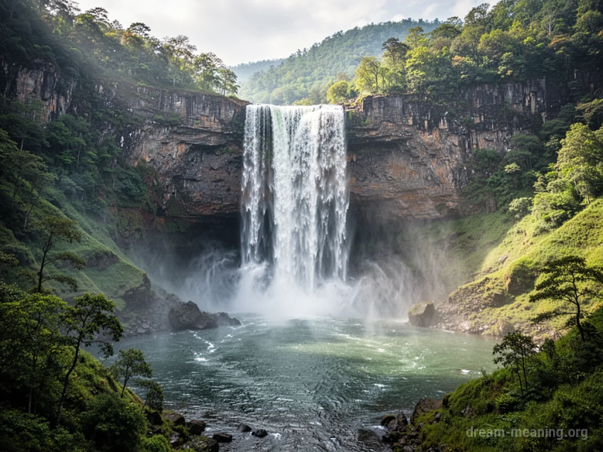 A colossal waterfall plunging into a lake, surrounded by dense forest.