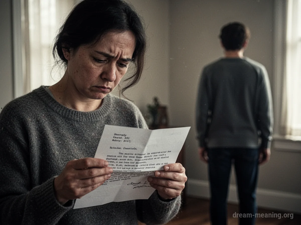 A person holding a letter with a somber expression, another person in the distance facing away.