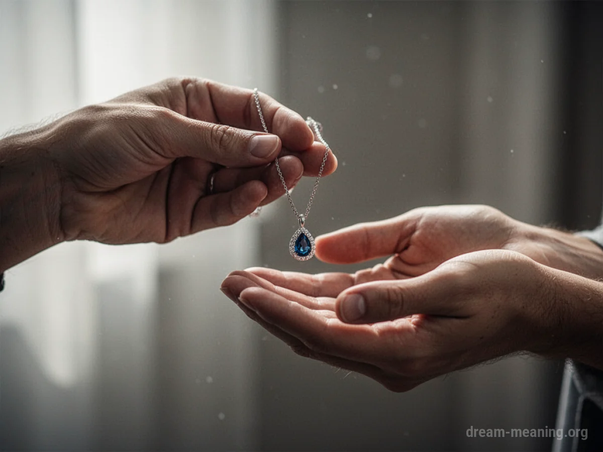 A close-up of one person's hand offering a necklace to another person's outstretched hand.