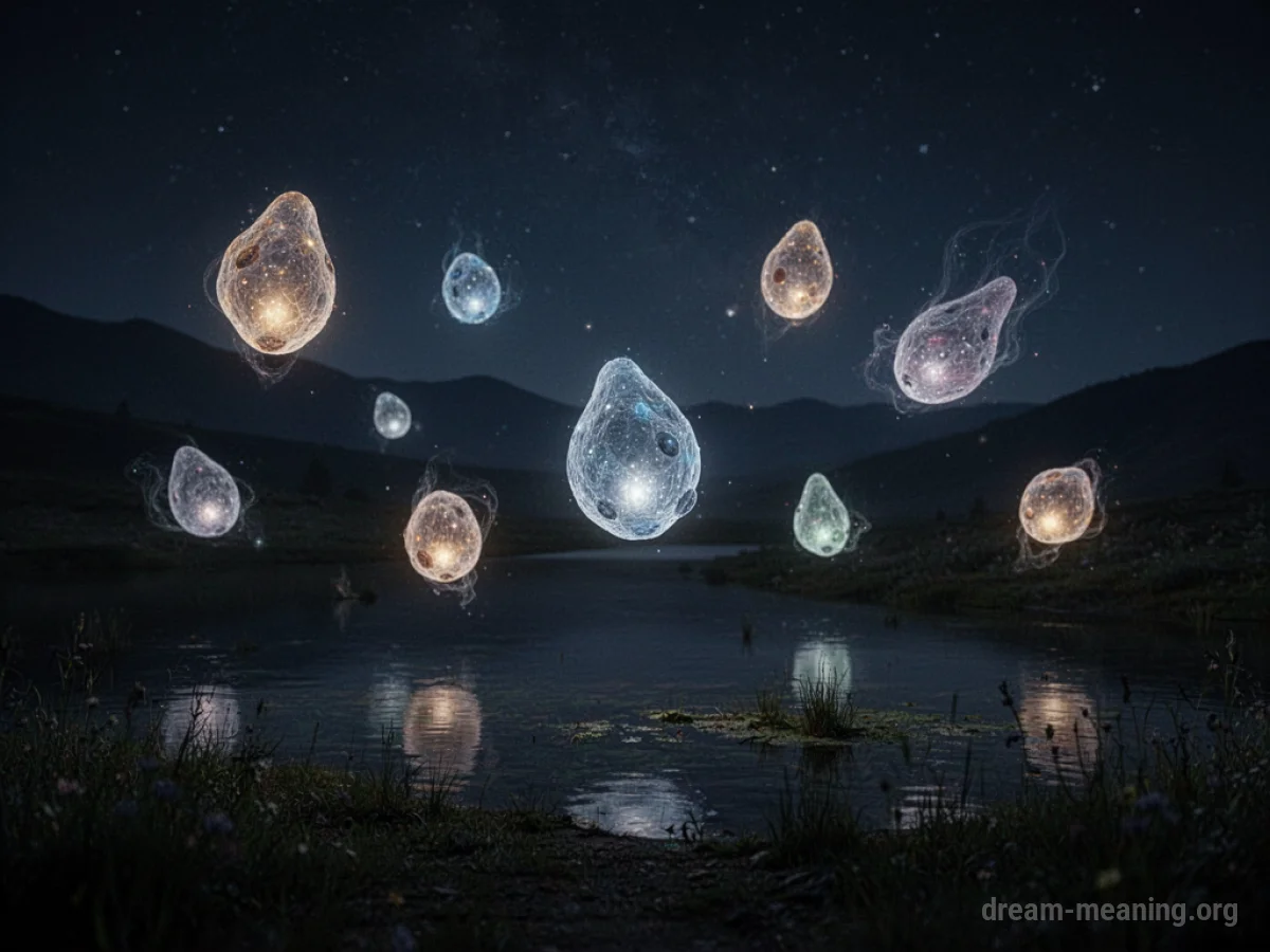 Ethereal glowing objects floating in a dark night sky.