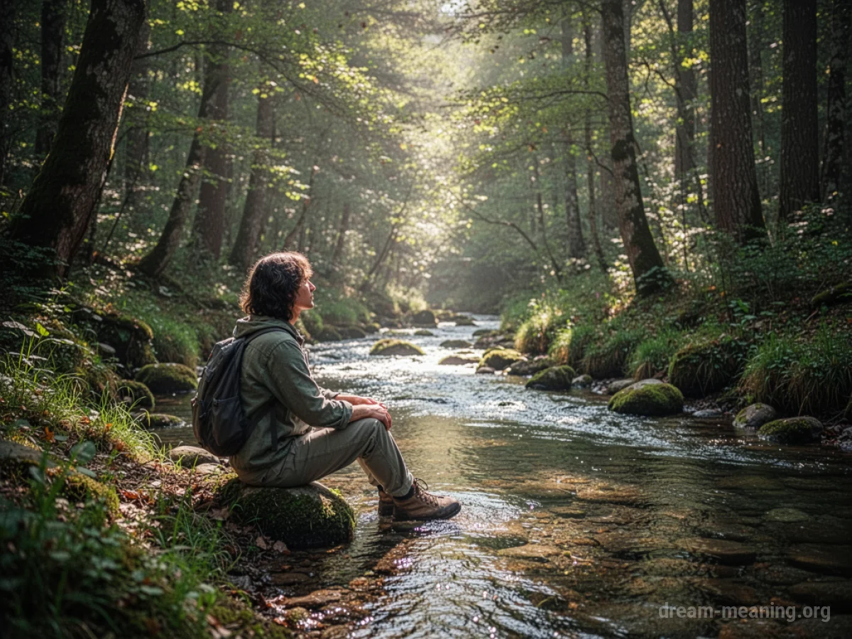 Person sitting by a stream in a forest.