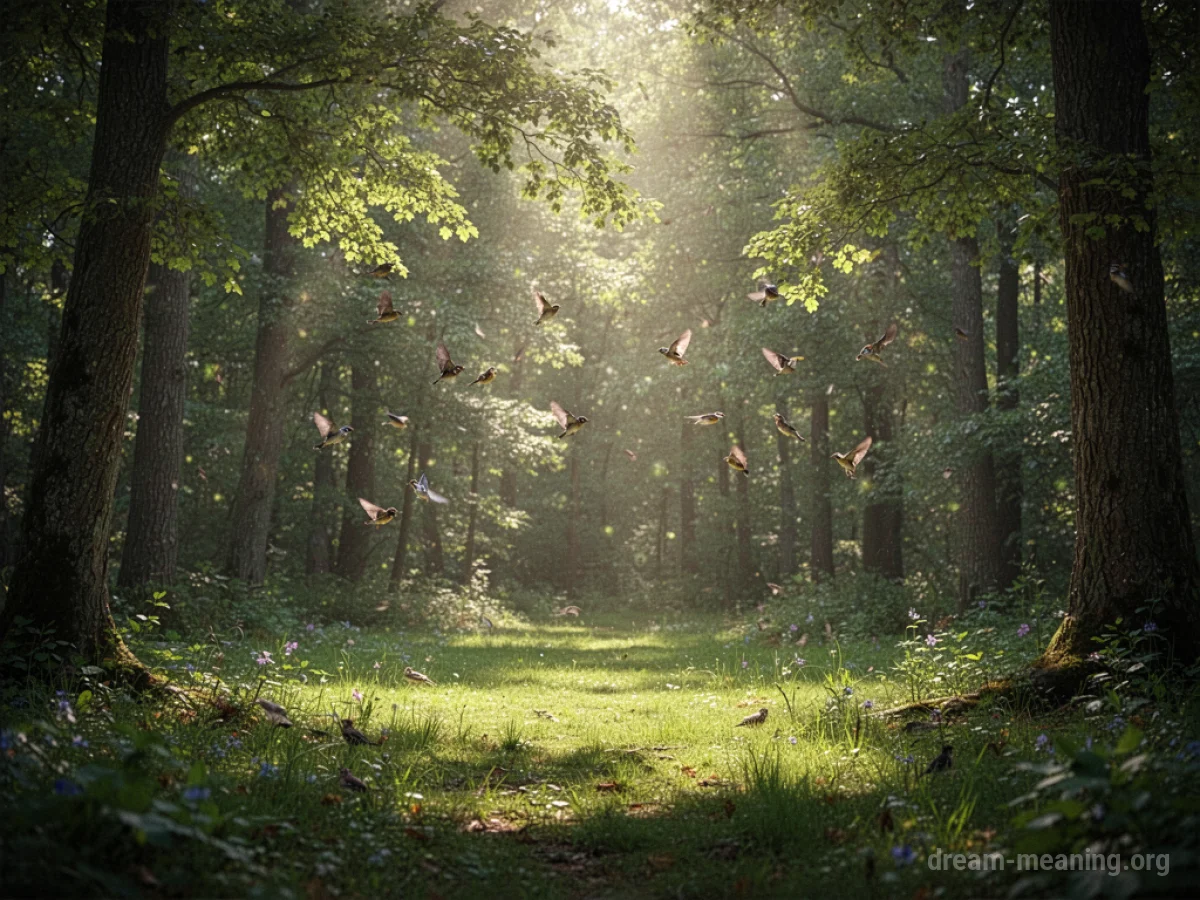 Sunlight filtering through trees in a peaceful forest.