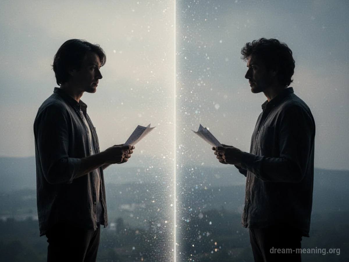 Two distant figures separated by a faint barrier, one holding a letter.