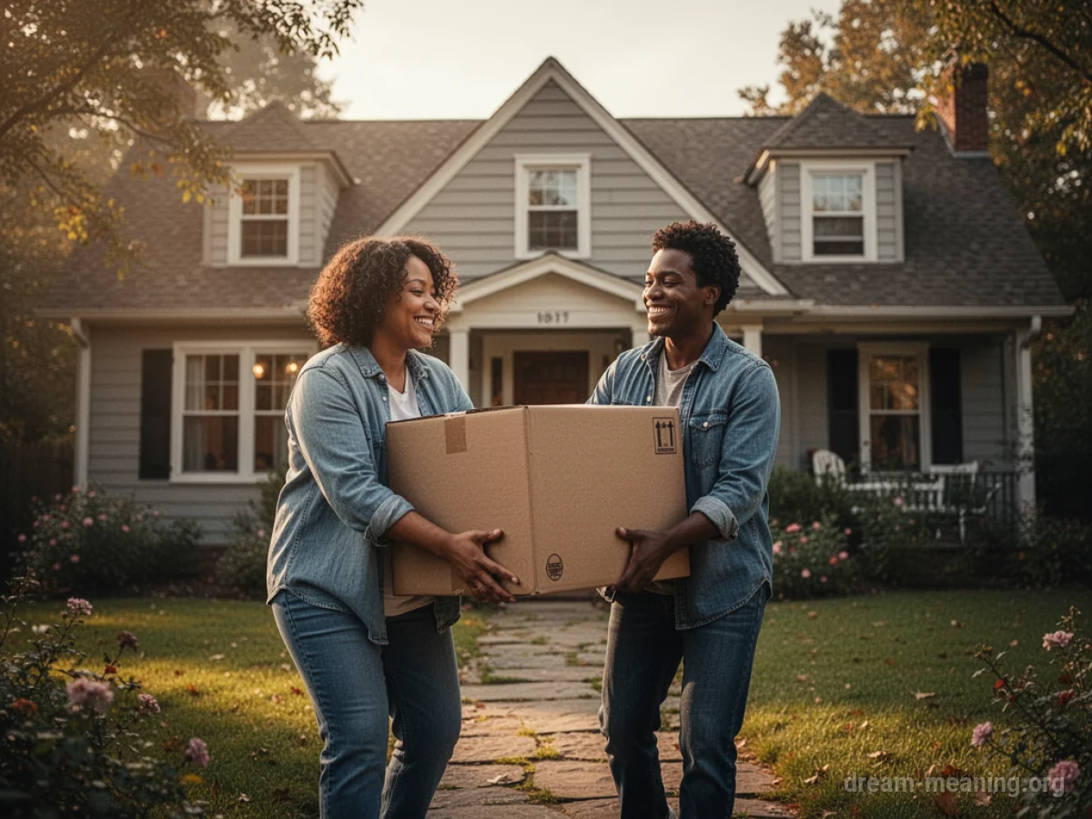 One person helps another carry a large box towards a house.