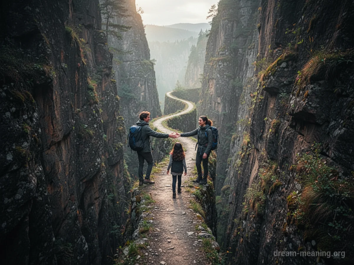 Two people on a narrow path, one reaching out to help the other.