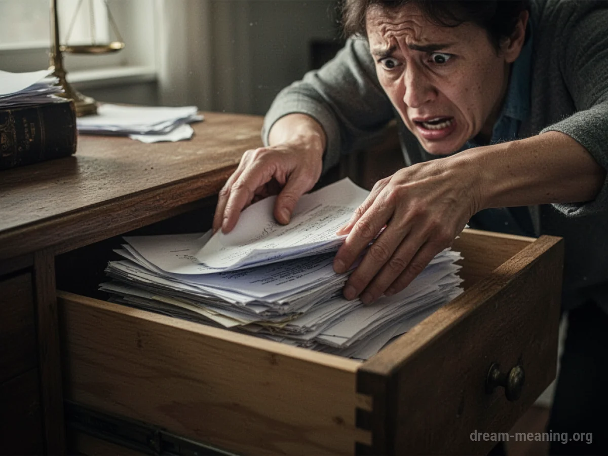 Hands closing a drawer where papers are being hidden.