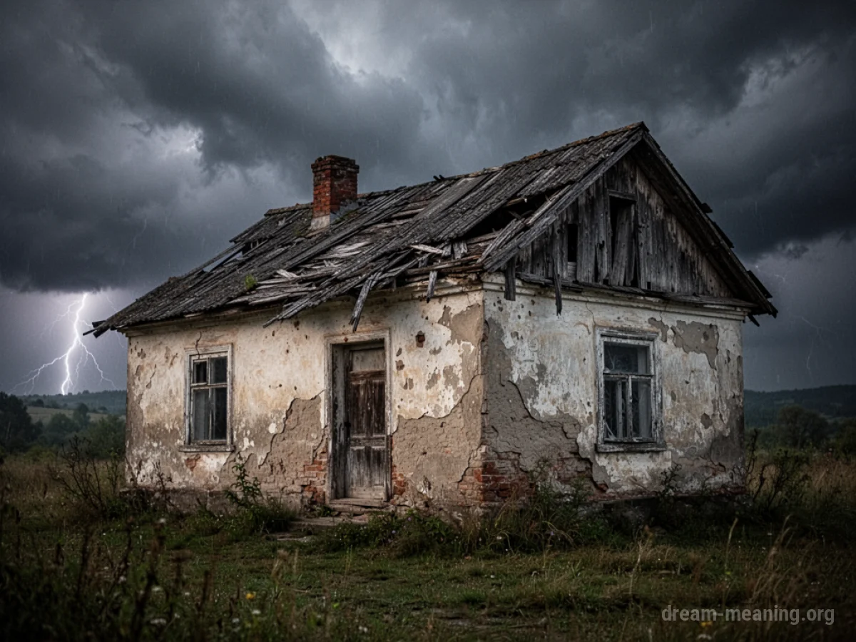 A house with cracked walls and a broken roof.