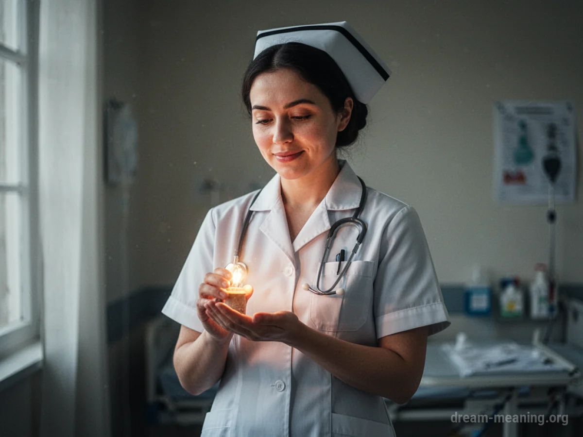 A figure in nurse attire holding a soft light.