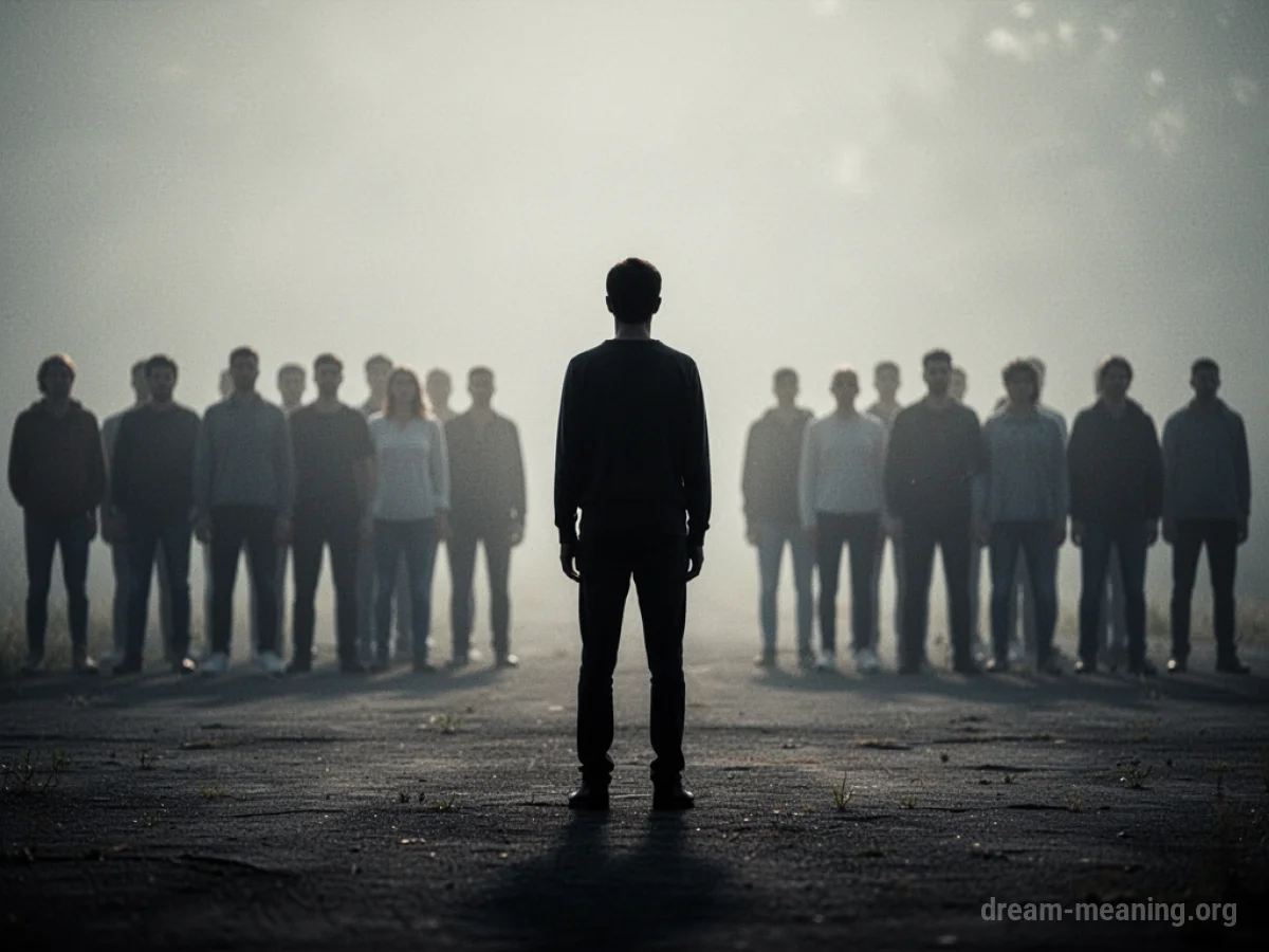 A person standing alone with a group of people in the distance.