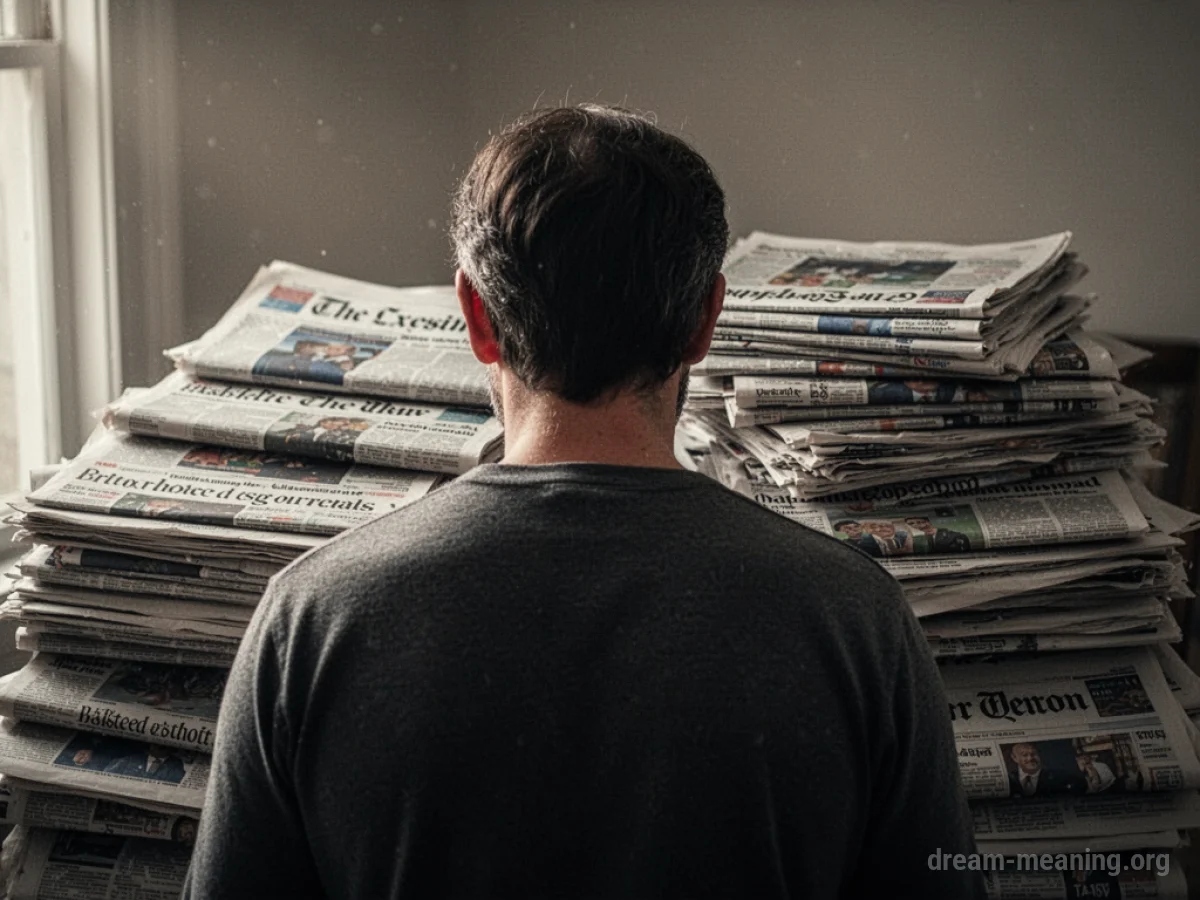Person facing away from a stack of newspapers.