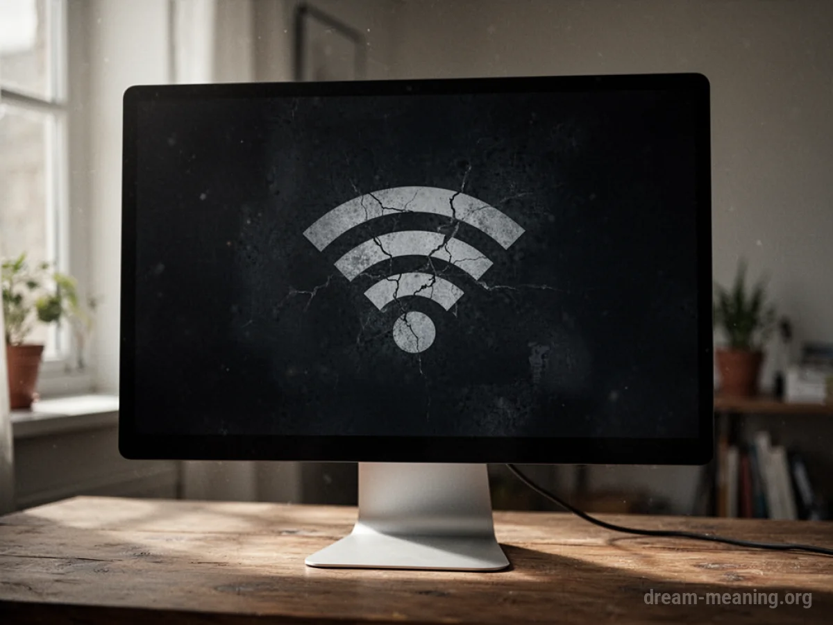 A dark computer monitor screen showing a broken Wi-Fi symbol.