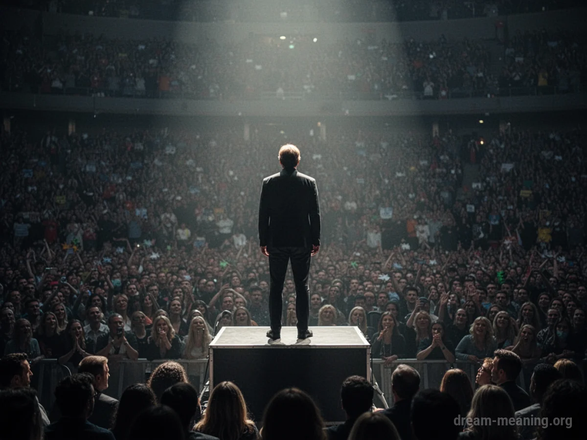 A silhouette of a person standing on a raised platform before a large indistinct crowd.