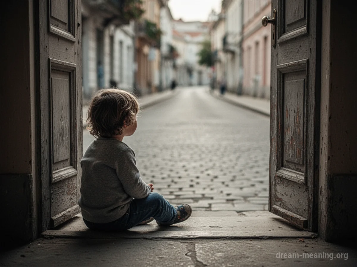 A young child sits by themselves on a porch, looking down an empty street.